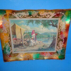 Antique Reverse Image Spanish Print Under Glass Wall Plate 11 x 14"